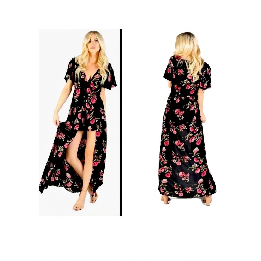 Y2K Floral Resortwear Maxi Dress Shorts Romper Dark Cottagecore Vacation Size M